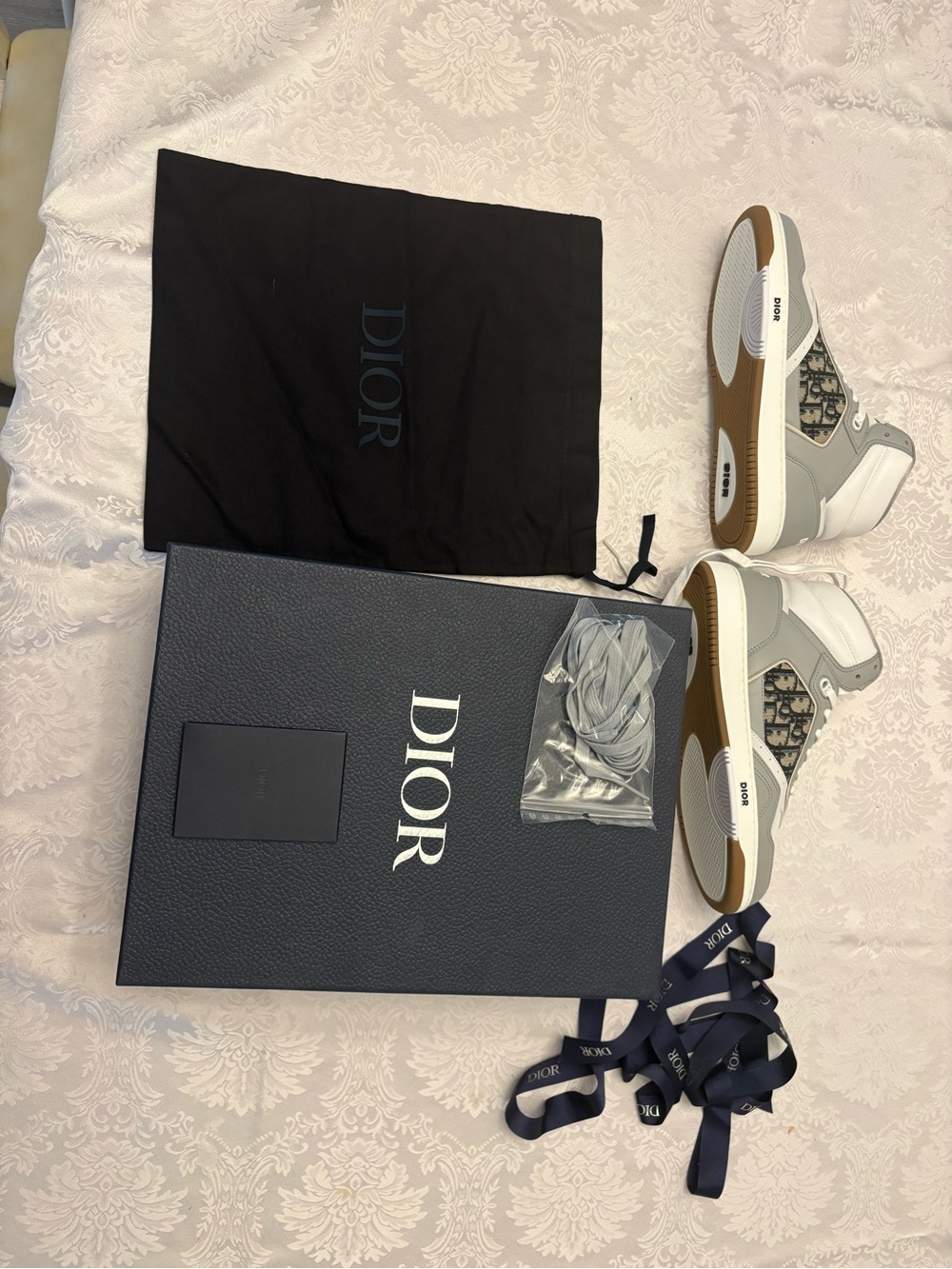 Dior B27 High-Top Sneakers in White, Gray and Brown with Oblique Print